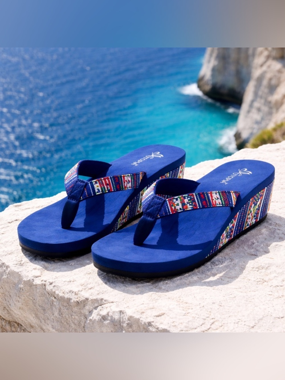 NIB Utopia Women’s Blue Multi Color Stitching Wedge Flip Flops - Size 7
